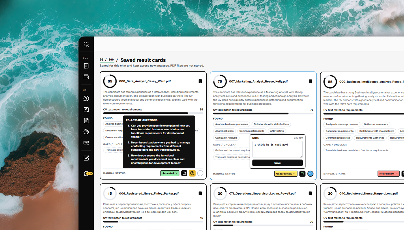 Qualex workspace showing resume review results