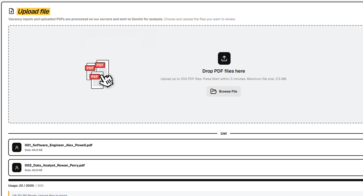 Upload PDF resumes to Qualex